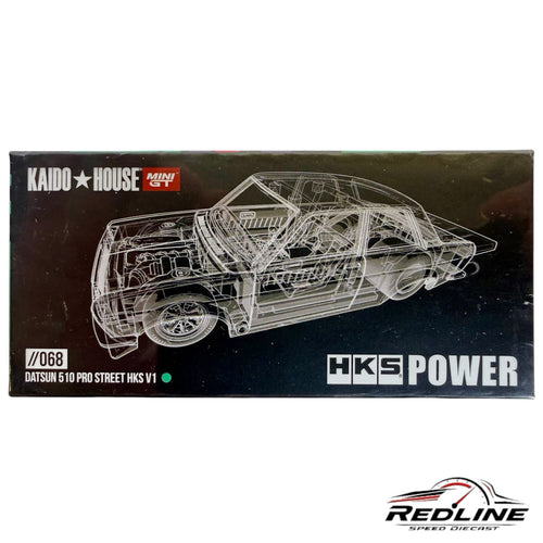 Redline Speed Diecast packaging for Kaido House Mini GT Datsun 510 Pro Street HKS V1 model with wireframe graphic