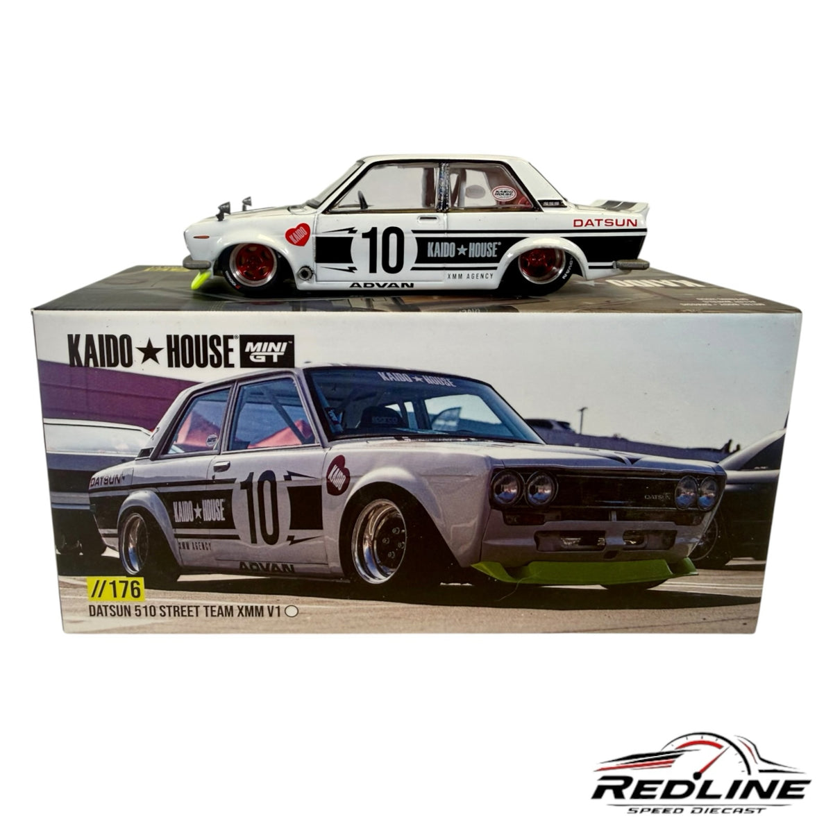 Redline Speed Diecast KAIDO HOUSE Datsun 510 Street Team 1:64 scale model car in white with racing livery and box