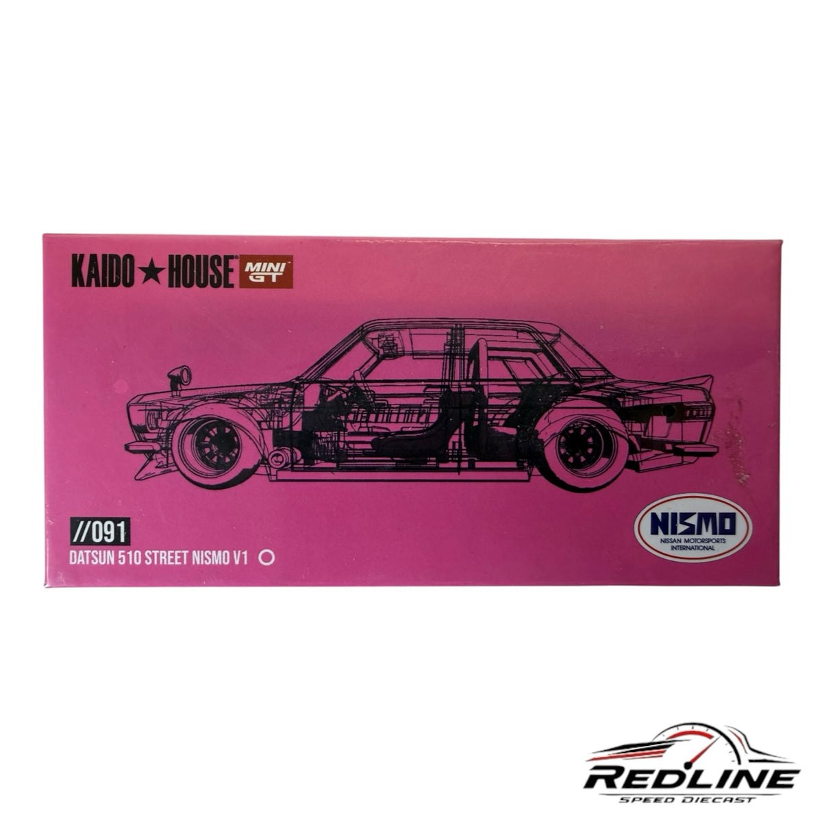Redline Speed Diecast KAIDO HOUSE Datsun 510 Street Nismo V1 pink collector box with technical line art illustration