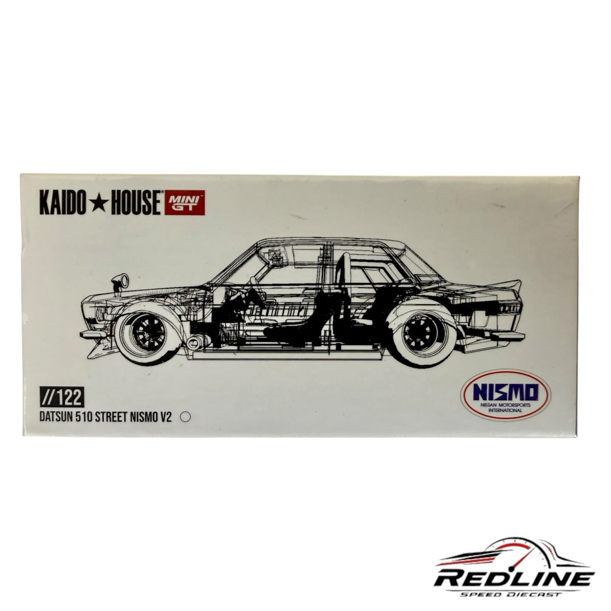 Redline Speed Diecast packaging for Kaido House x Mini GT Datsun 510 Street Nismo V2 featuring technical line art