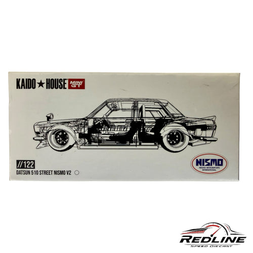 Redline Speed Diecast packaging for Kaido House x Mini GT Datsun 510 Street Nismo V2 featuring technical line art
