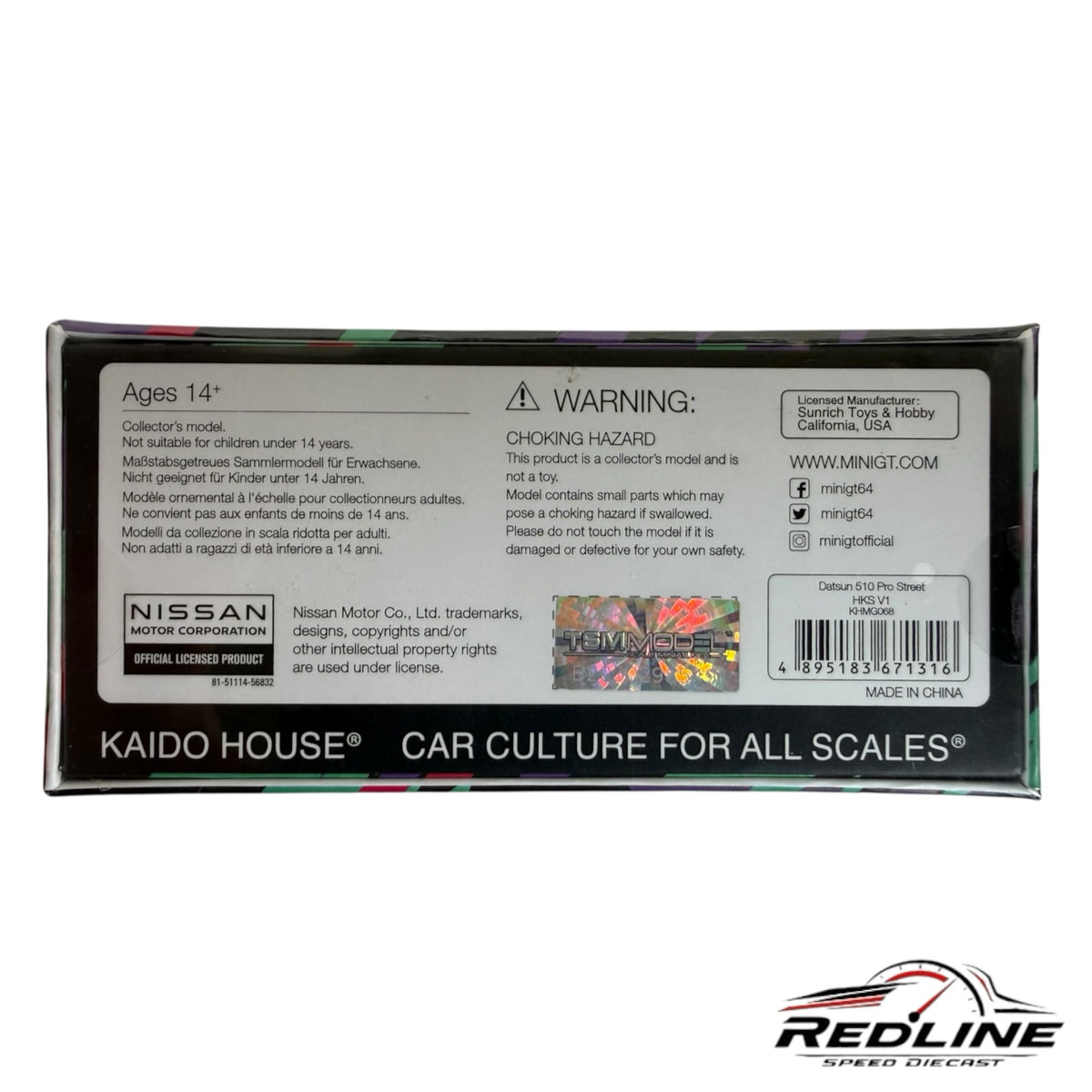 Redline Speed Diecast packaging back for Kaido House Mini GT Datsun 510 Pro Street model with safety warnings