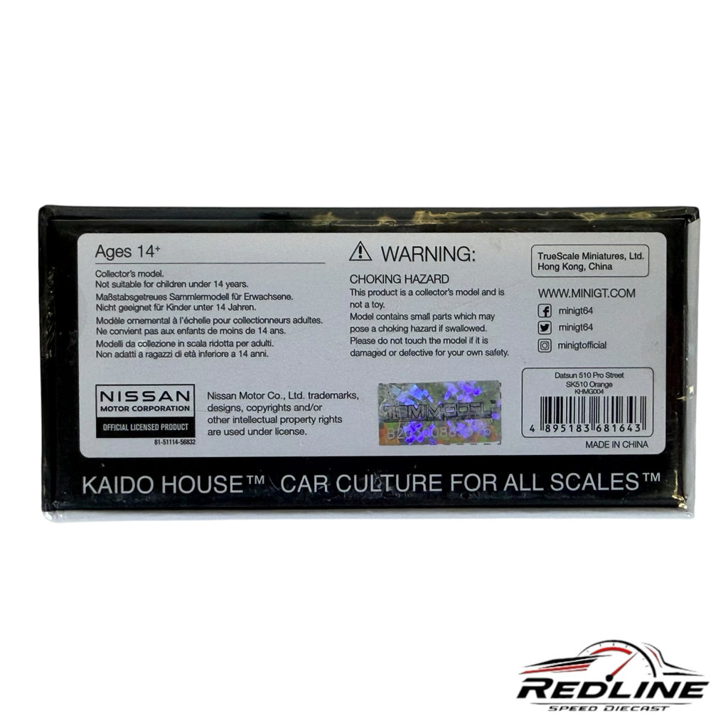 Redline Speed Diecast packaging back for Kaido House Mini GT Datsun 510 Pro Street model with safety warnings