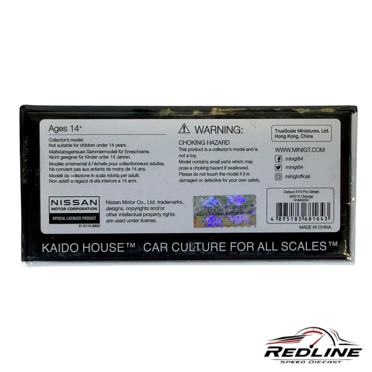Redline Speed Diecast packaging back for Kaido House Mini GT Datsun 510 Pro Street model with safety warnings
