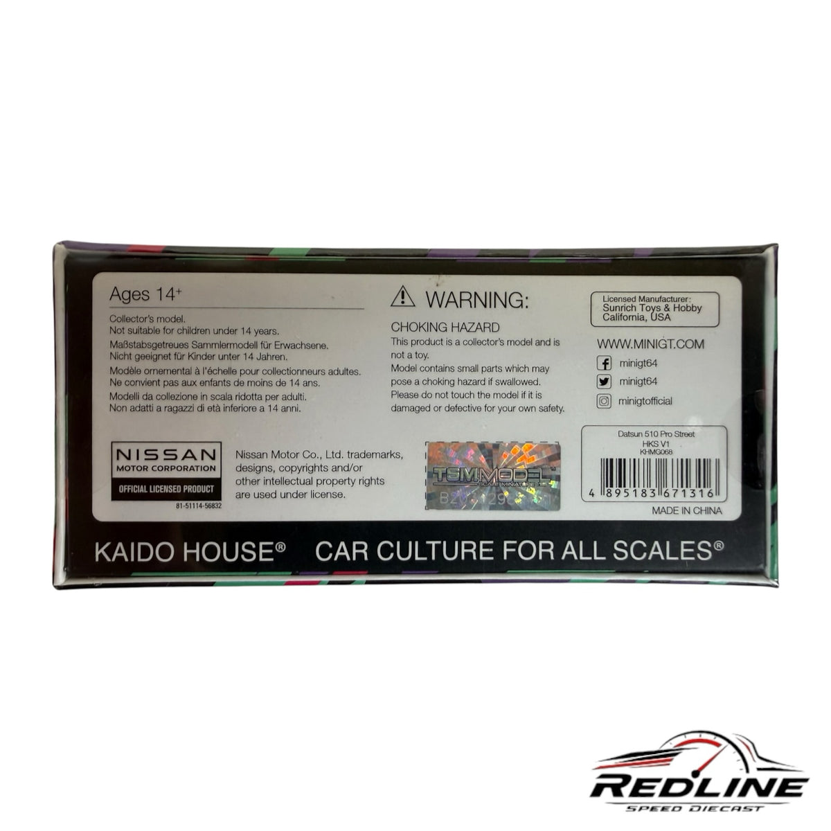 Redline Speed Diecast packaging back for Kaido House Mini GT Datsun 510 Pro Street model with safety information