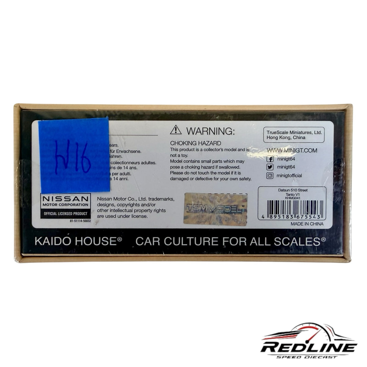 Redline Speed Diecast packaging box for Kaido House Datsun 510 Street model with official licensing and warning labels