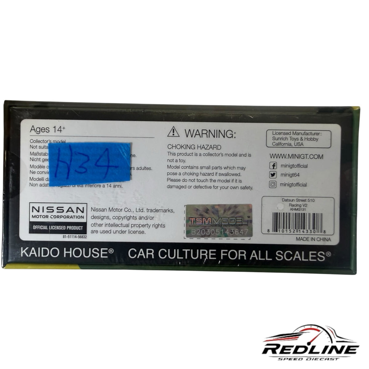 Redline Speed Diecast packaging for Kaido House Datsun Street 510 Racing V2 model car with warning labels and branding