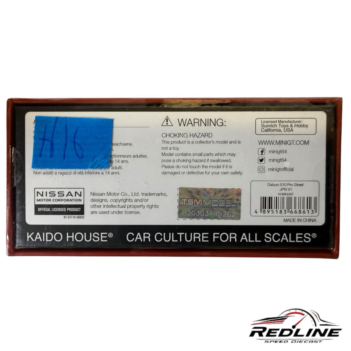 Redline Speed Diecast packaging for Kaido House Datsun 510 Pro Street model with official Nissan licensing details