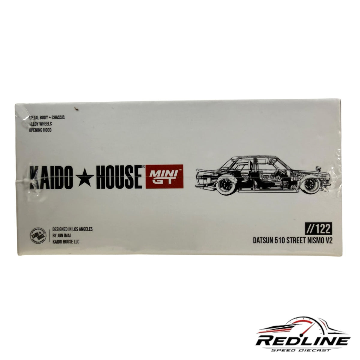 Redline Speed Diecast packaging for the Kaido House Mini GT Datsun 510 Street Nismo V2 model car