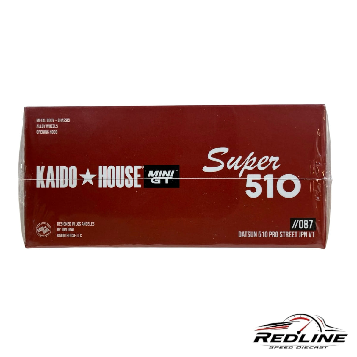 Redline Speed Diecast packaging for Kaido House Mini GT Datsun 510 Pro Street JPN V1 model in deep red box