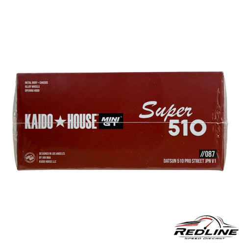 Redline Speed Diecast packaging for Kaido House Mini GT Datsun 510 Pro Street JPN V1 model in deep red box