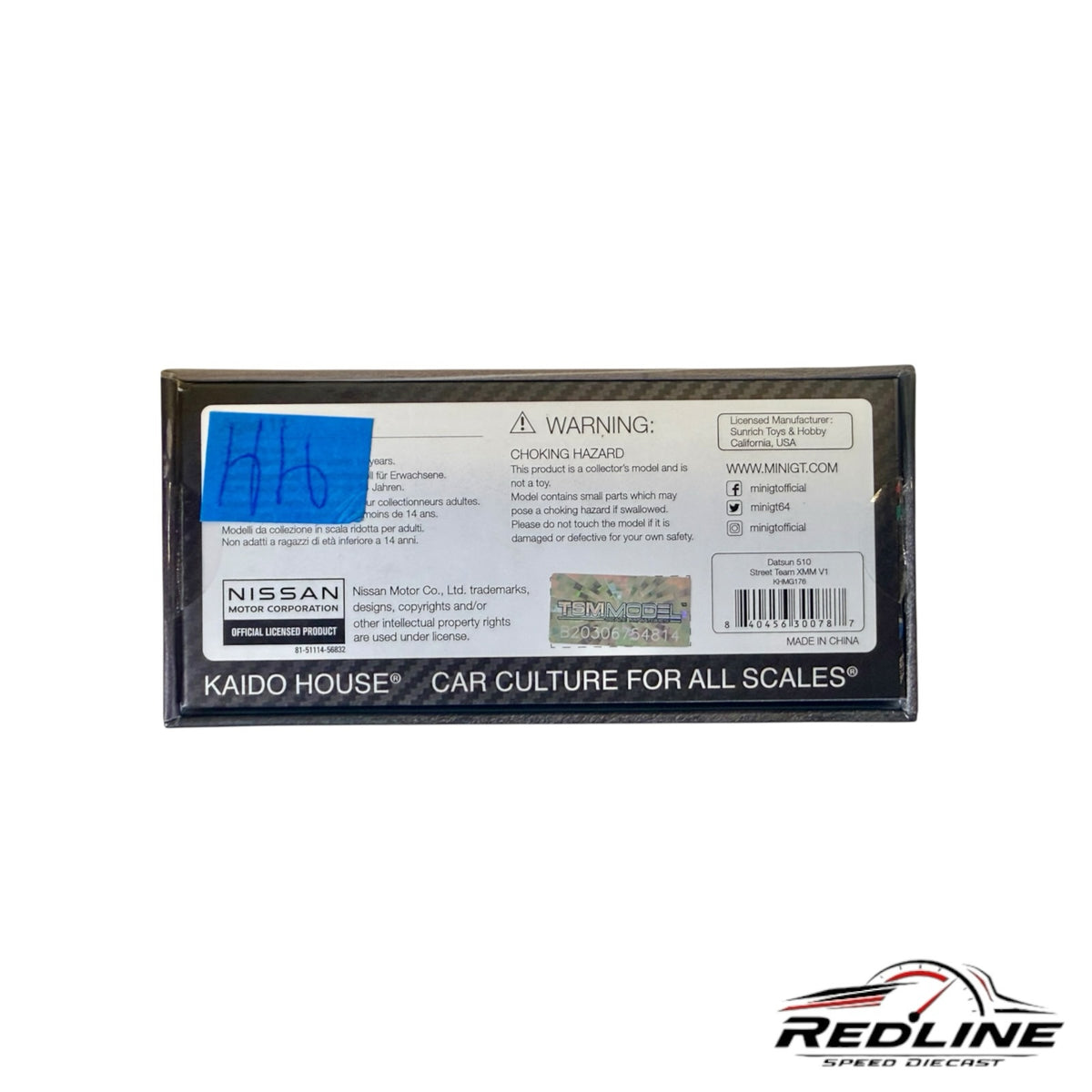 Redline Speed Diecast packaging back view for Kaido House Datsun 510 Street Team model car with warning labels