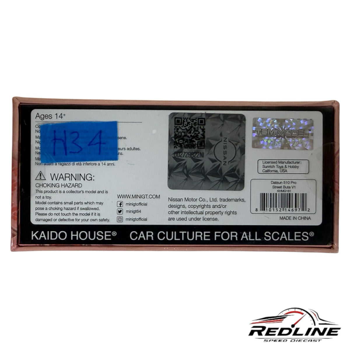 Redline Speed Diecast packaging for Kaido House Datsun 510 Pro Street Buta V1 model with authenticity holograms