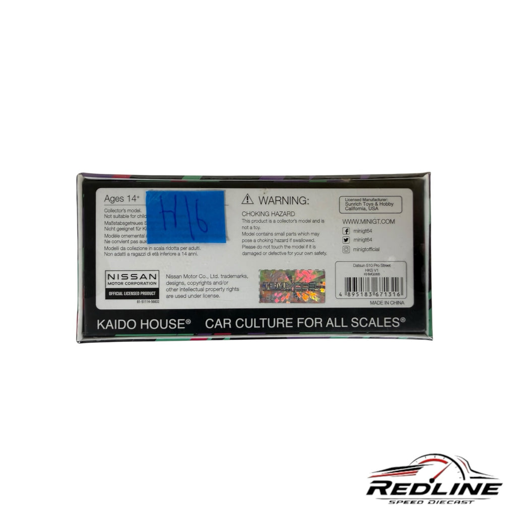 Back of Redline Speed Diecast packaging for Kaido House Mini GT Datsun 510 Pro Street model with HKS branding