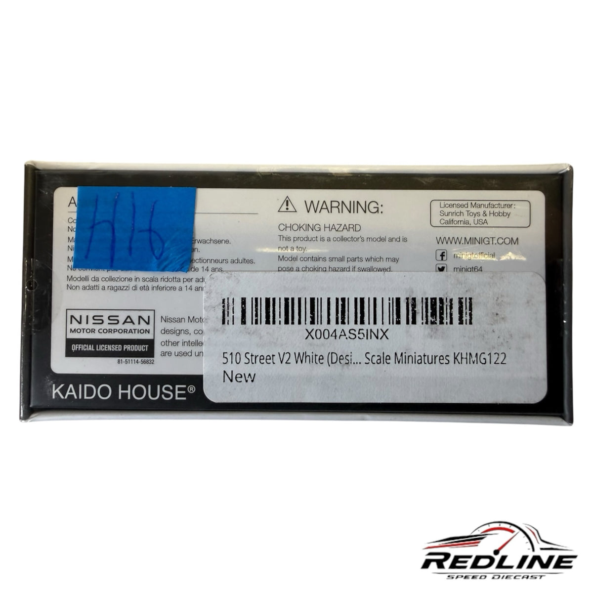 Redline Speed Diecast packaging for Kaido House Datsun 510 Street Nismo V2 model with warning labels and barcode