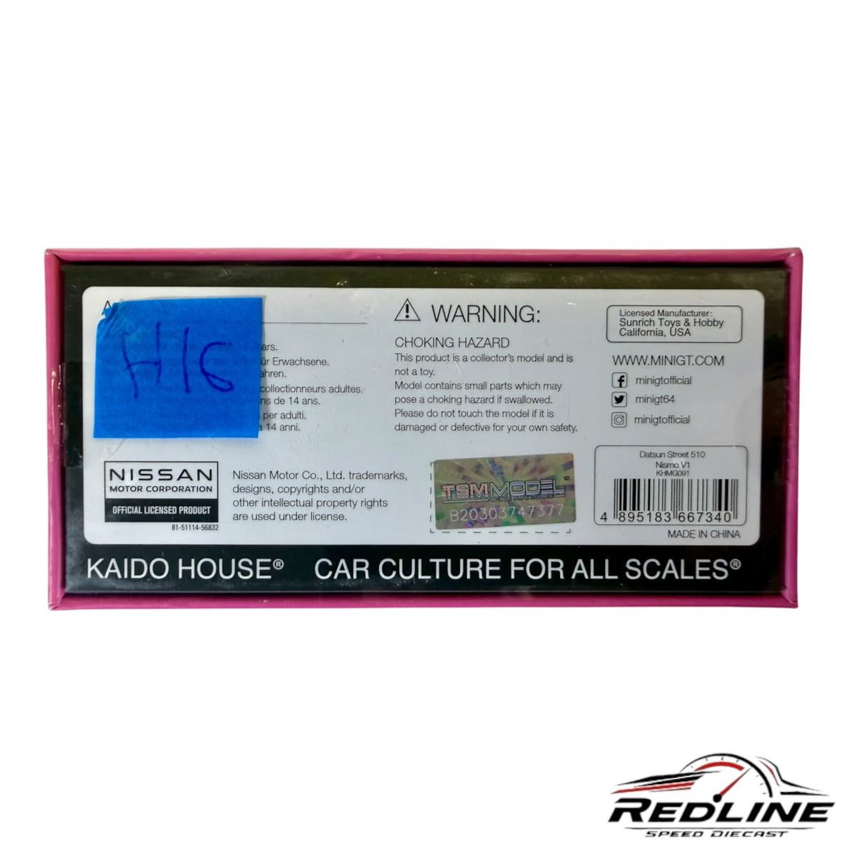 Redline Speed Diecast packaging back for Kaido House Datsun 510 Street Nismo model with warning and licensing details