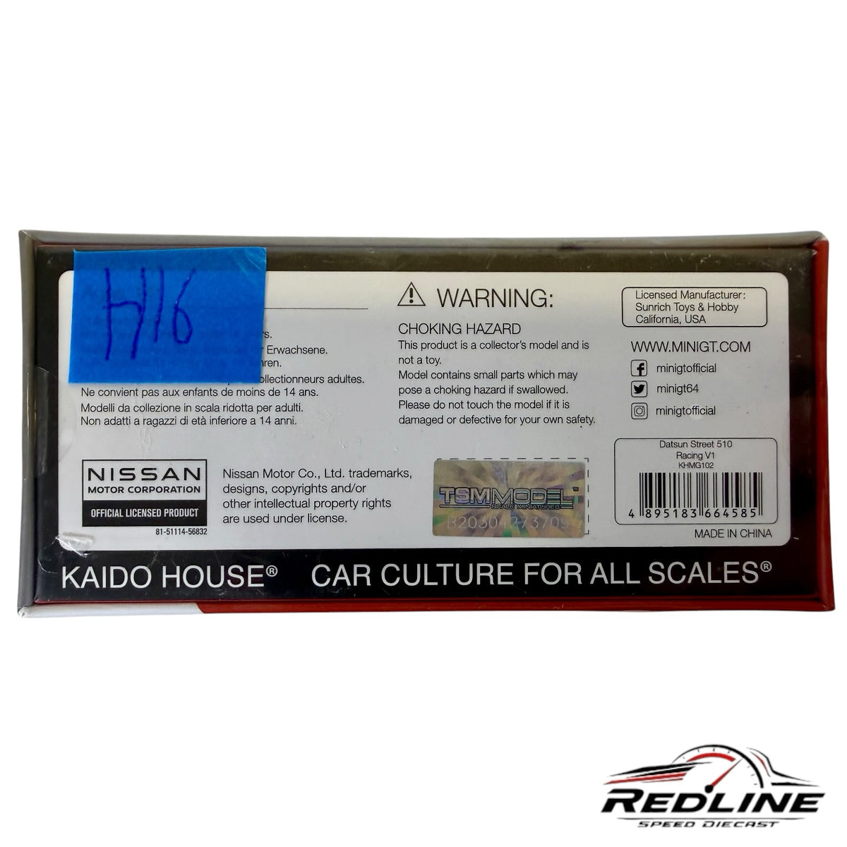 Redline Speed Diecast packaging box for Kaido House Datsun 510 Street Racing model with warning and Nissan branding