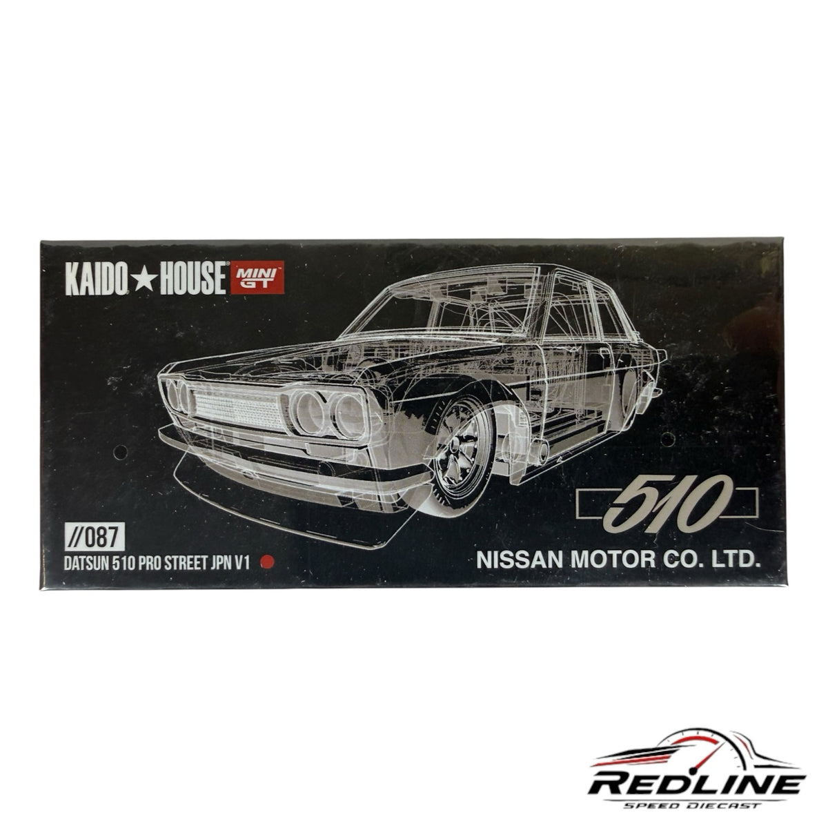 Redline Speed Diecast packaging for the Kaido House x Mini GT Datsun 510 Pro Street JPN V1 model car