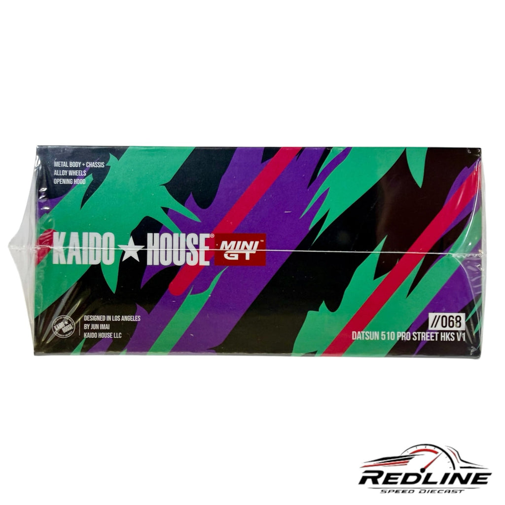 Redline Speed Diecast KAIDO HOUSE x Mini GT Datsun 510 Pro Street HKS V1 model box with vibrant retro graphics