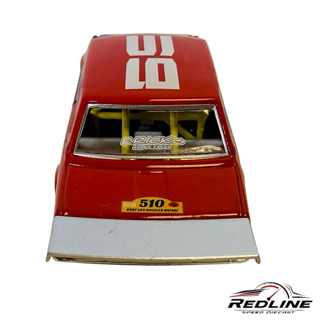 Redline Speed Diecast Kaido House Mini GT Datsun 510 Pro Street model car, rear view with red paint and racing decals.