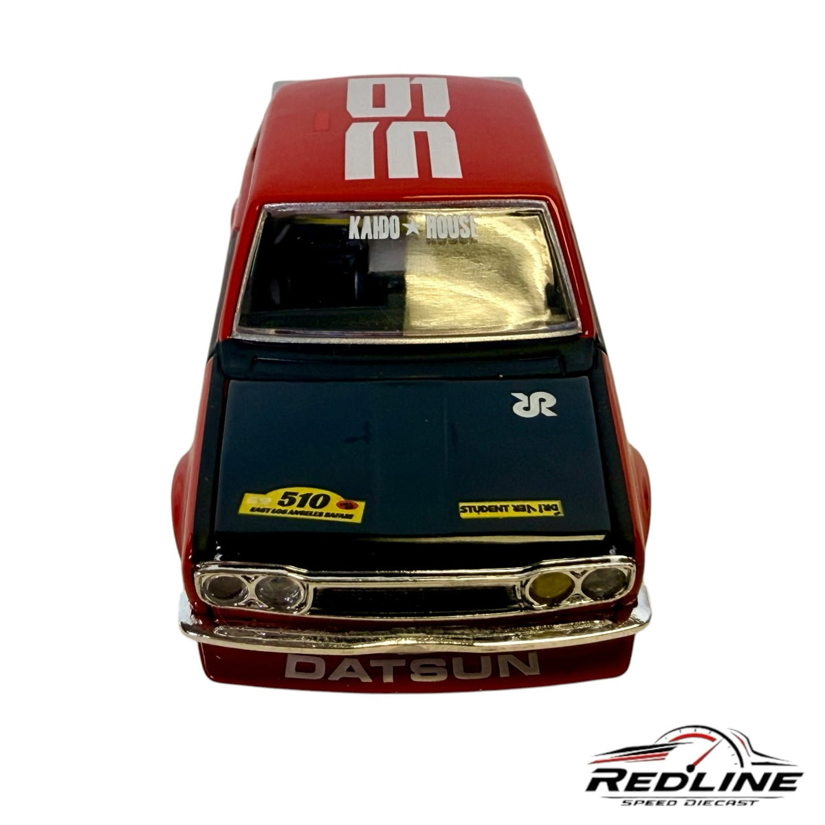 Redline Speed Diecast Kaido House Mini GT Datsun 510 Pro Street model car in red and black with racing decals