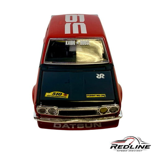 Redline Speed Diecast Kaido House Mini GT Datsun 510 Pro Street model car in red and black with racing decals