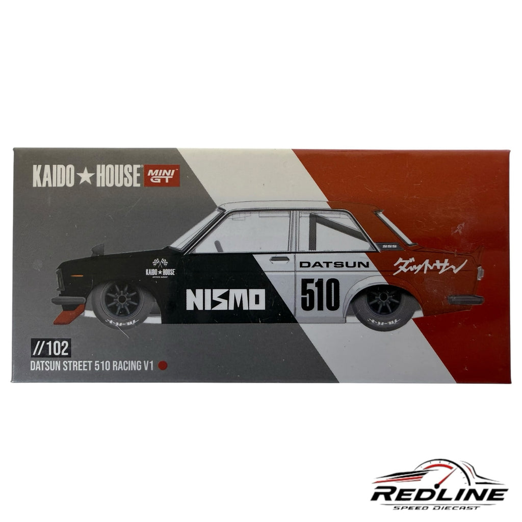 Redline Speed Diecast Kaido House Datsun 510 Street Racing V1 model car packaging with black, white, and red livery.