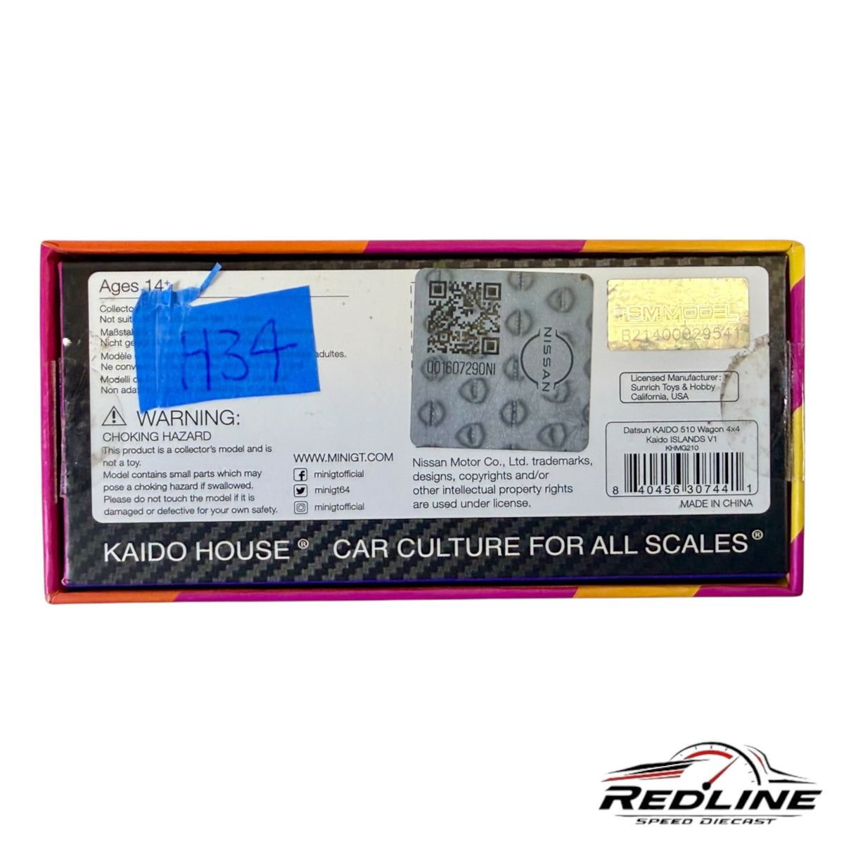 Redline Speed Diecast packaging box for Kaido House Datsun 510 Wagon 4x4 model with official licensing and warnings.