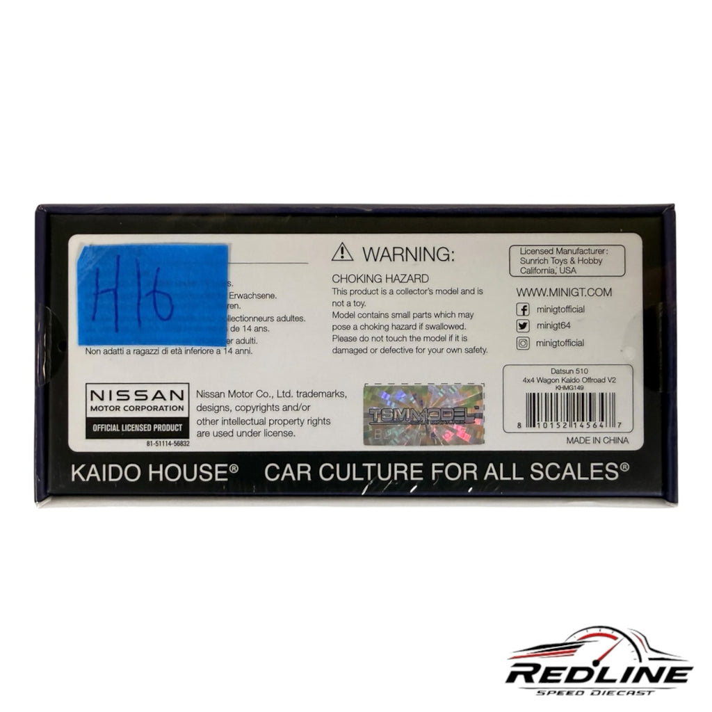 Redline Speed Diecast packaging box for the Kaido House Datsun 510 4x4 Wagon model with safety warnings and branding.