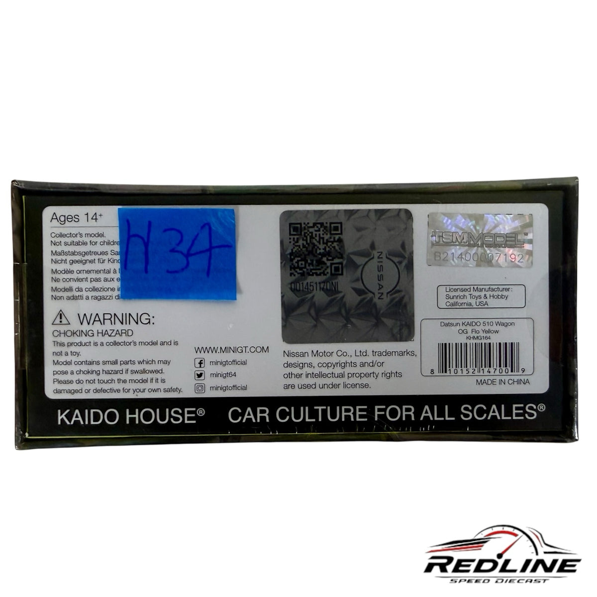 Redline Speed Diecast packaging box for Kaido House Datsun 510 Wagon model with holographic authenticity stickers