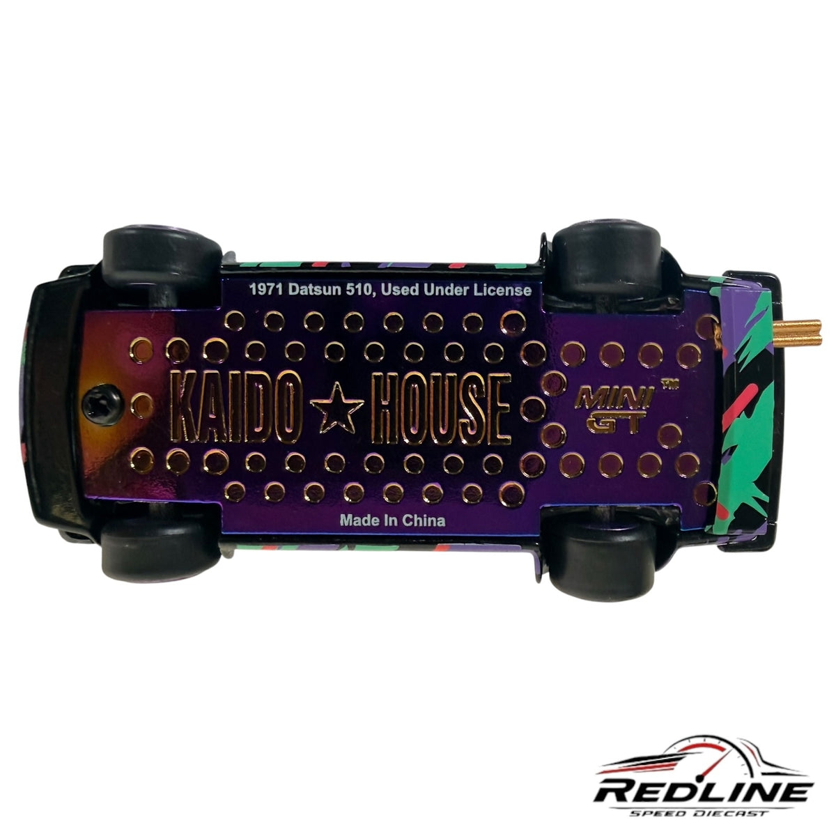 Redline Speed Diecast Kaido House Datsun 510 Wagon underside with iridescent purple chassis and gold branding