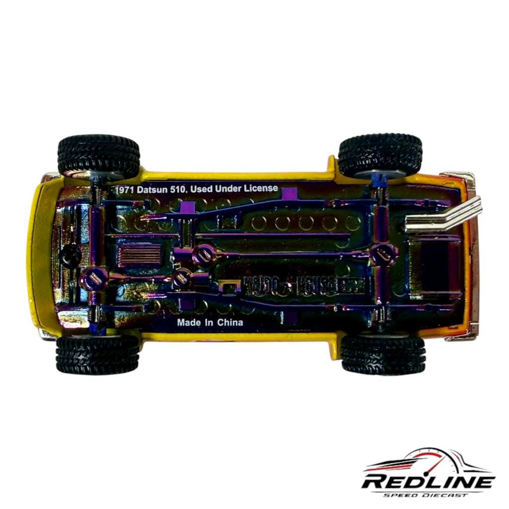 Underside view of Redline Speed Diecast KAIDO HOUSE Datsun 510 Wagon showing iridescent chassis and off-road tires.