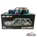Redline Speed Diecast Kaido House Datsun 510 Wagon HKS V1 model with purple wheels and vibrant racing livery on box.