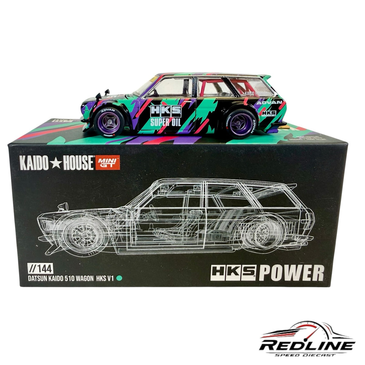 Redline Speed Diecast Kaido House Datsun 510 Wagon HKS V1 model with purple wheels and vibrant racing livery on box.