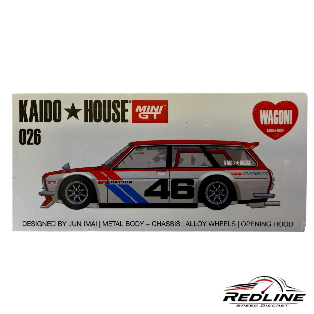 Redline Speed Diecast KAIDO HOUSE MINI GT Datsun 510 Wagon model box featuring BRE racing livery and number 46