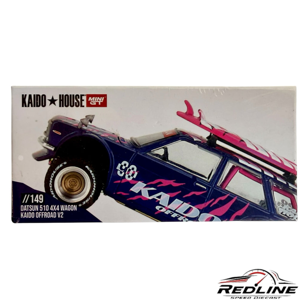 Redline Speed Diecast Kaido House Datsun 510 4x4 wagon model with blue paint, pink graphics, and roof surfboards