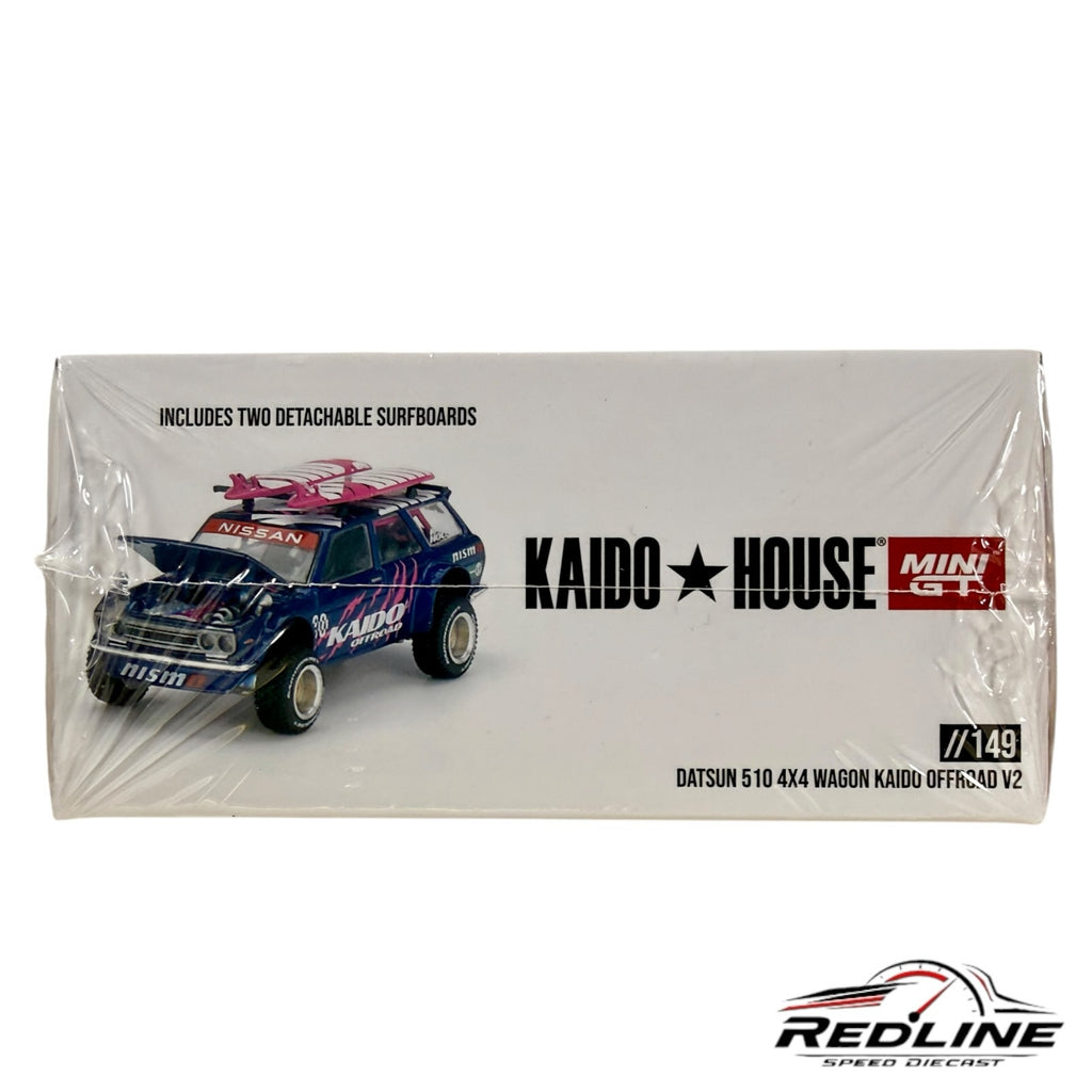 Redline Speed Diecast KAIDO HOUSE Datsun 510 4x4 wagon model box with blue off-road car and surfboards on roof