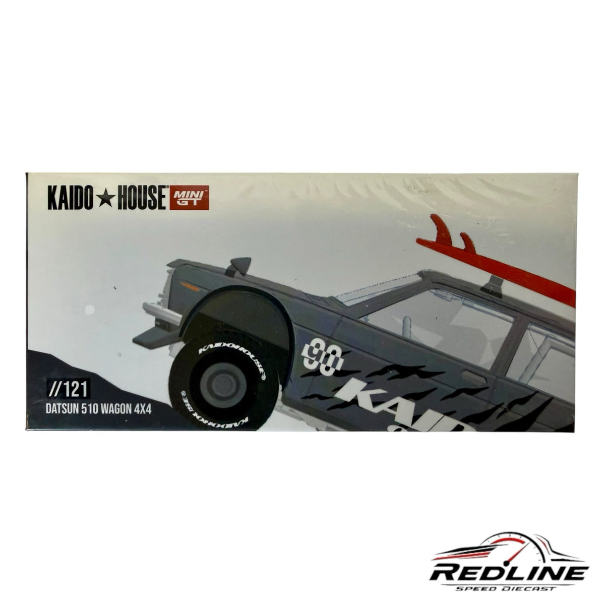 Redline Speed Diecast KAIDO HOUSE Datsun 510 Wagon 4x4 model box featuring custom graphics and red surfboards
