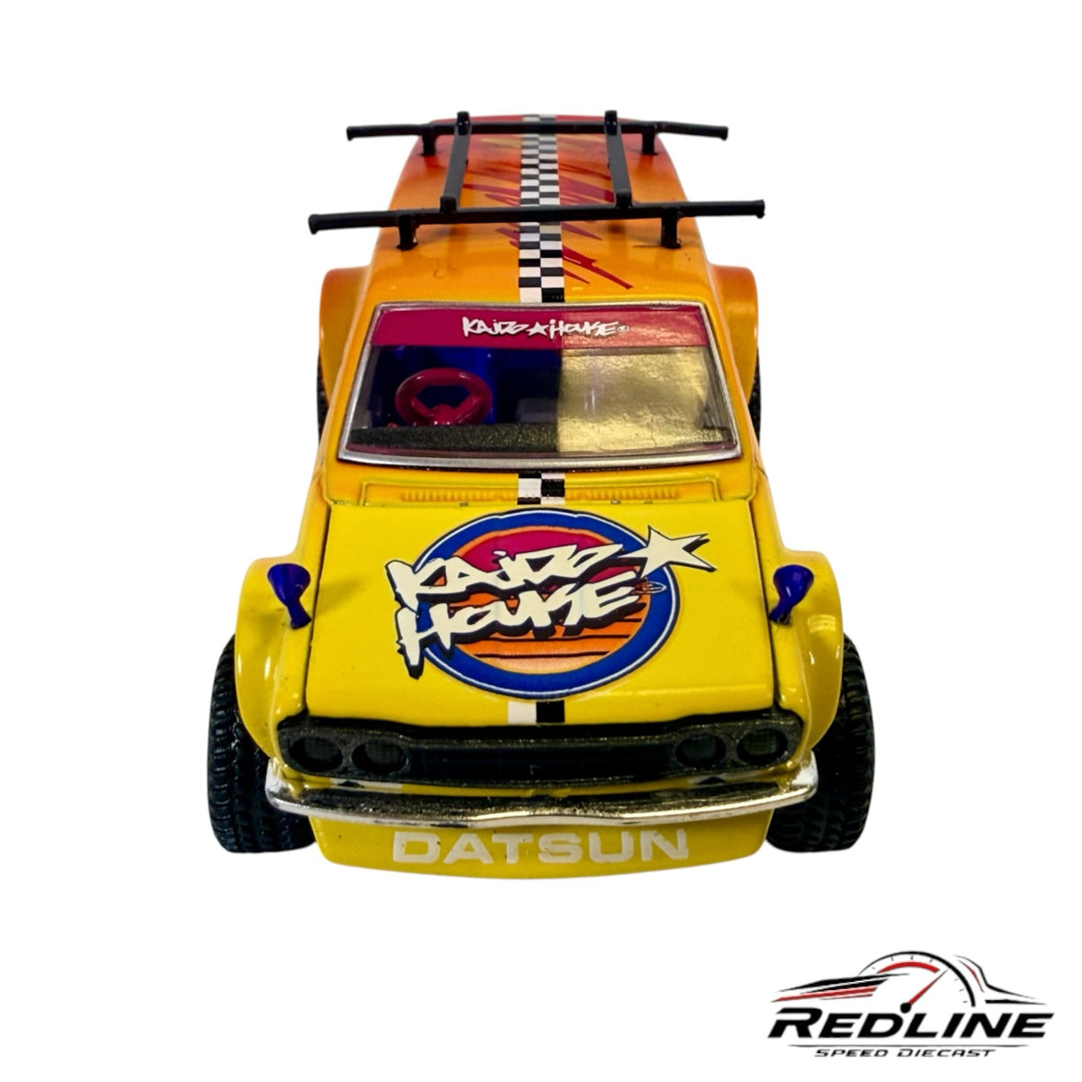 Redline Speed Diecast KAIDO HOUSE Datsun 510 Wagon 4x4 model with yellow-orange gradient and checkerboard roof rack