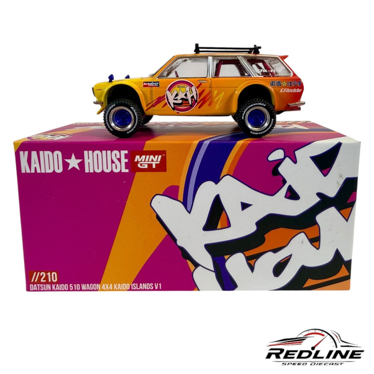 Redline Speed Diecast Kaido House Datsun 510 Wagon 4x4 model in yellow and orange with off-road tires and roof rack.