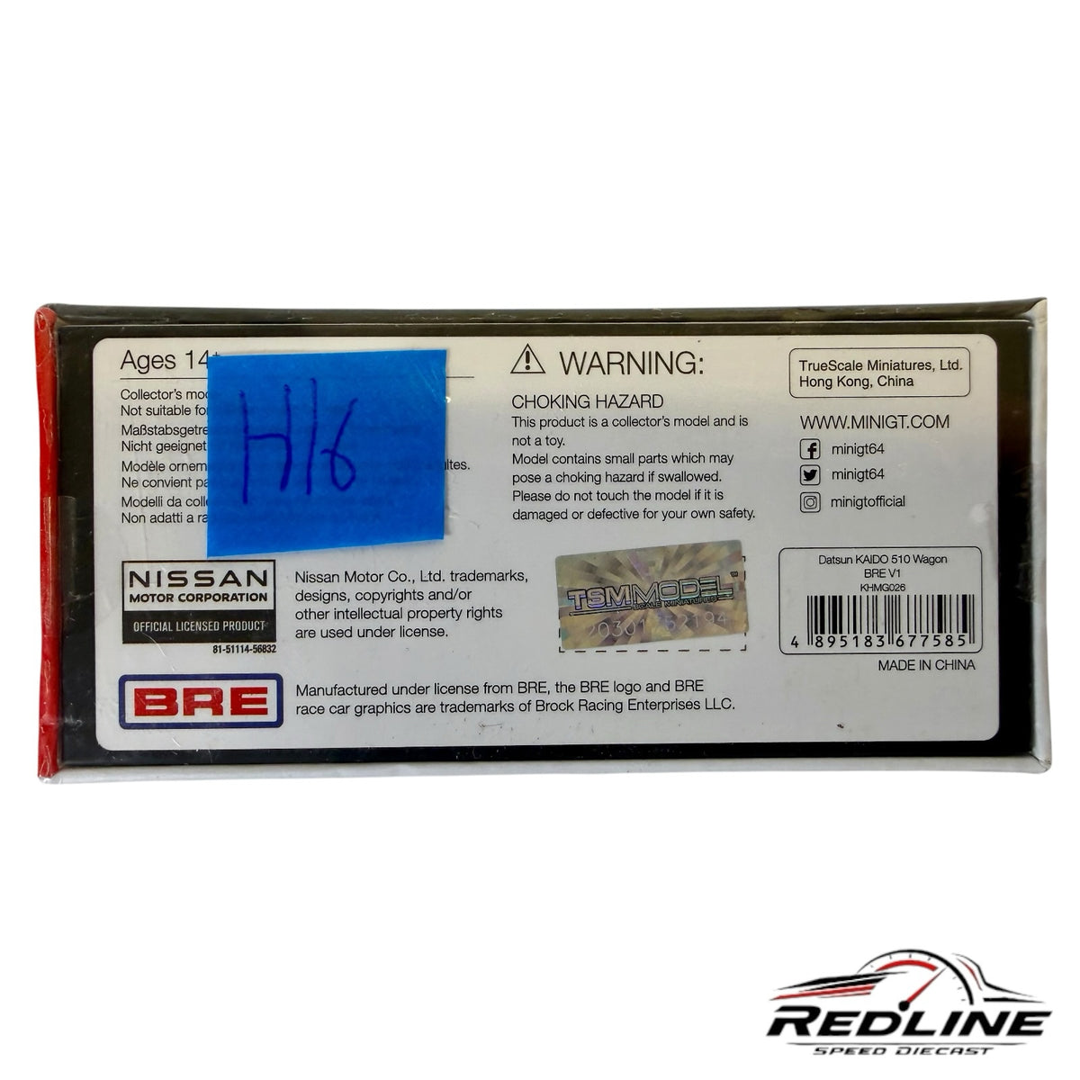 Redline Speed Diecast packaging back for Kaido House Mini GT Datsun 510 Wagon with BRE branding and safety warnings
