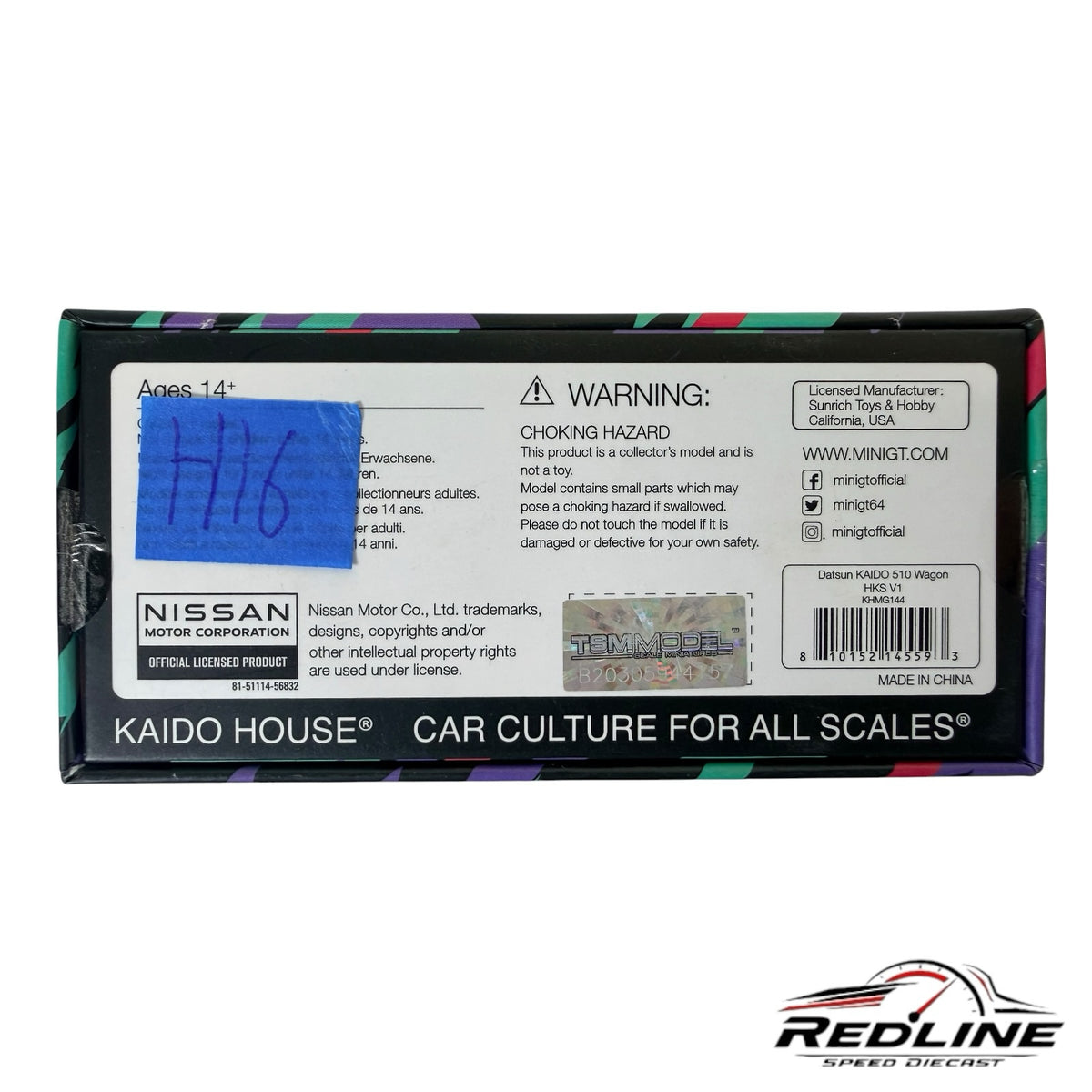 Redline Speed Diecast packaging back for Kaido House Datsun 510 Wagon HKS V1 model with warning labels and branding