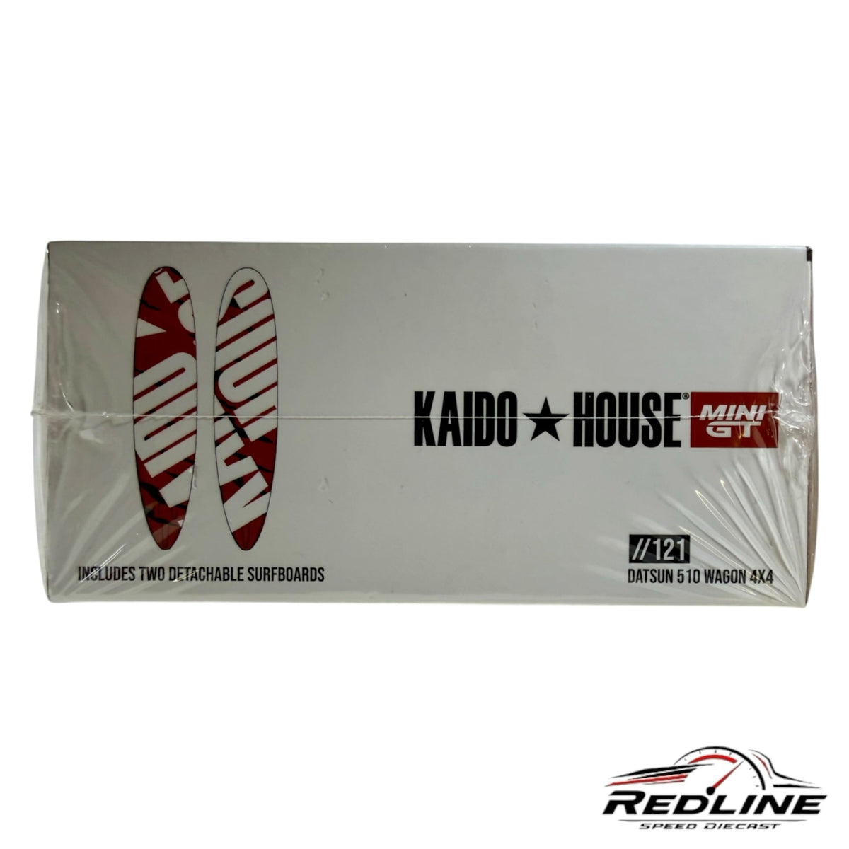 Redline Speed Diecast packaging for the Kaido House Datsun 510 Wagon 4x4 model featuring two included surfboards