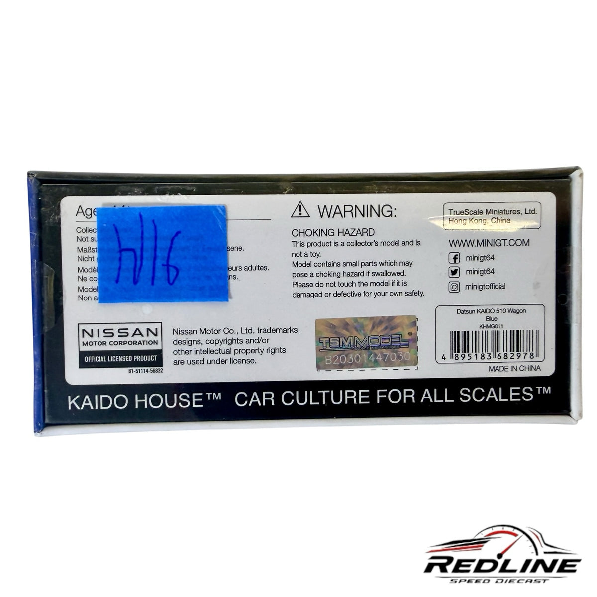 Redline Speed Diecast packaging box for Kaido House Datsun 510 Wagon model with product details and warning labels