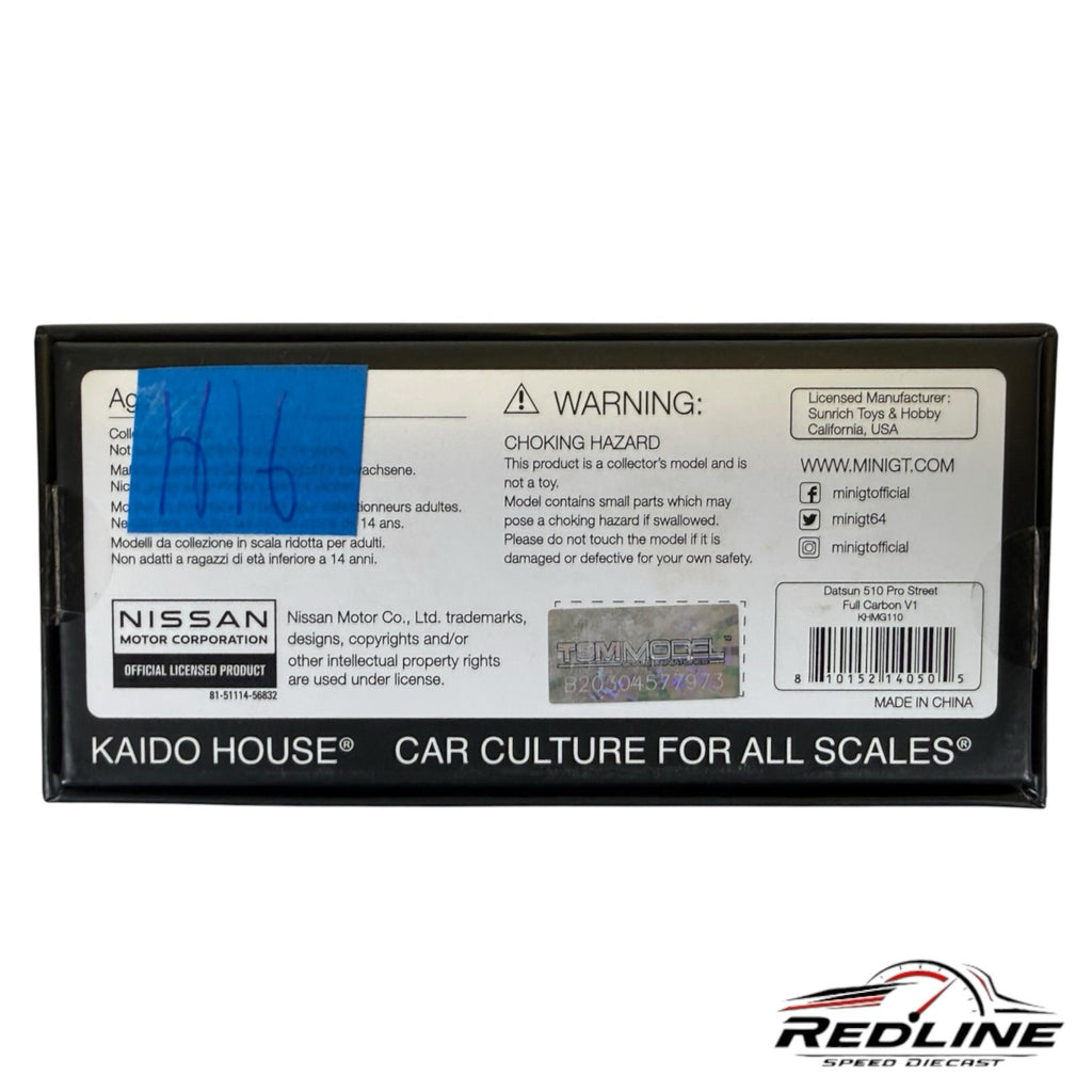 Redline Speed Diecast packaging back label for Kaido House Datsun 510 Wagon model with safety warnings and branding.