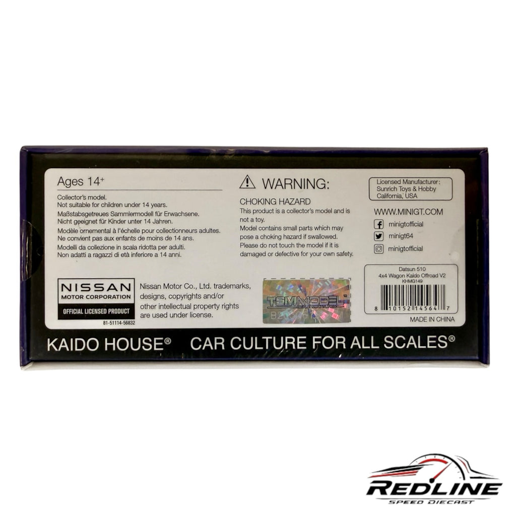 Redline Speed Diecast packaging back for Kaido House Datsun 510 4x4 Wagon model with safety warnings and specifications