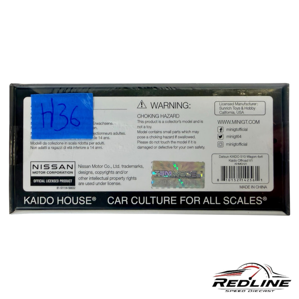 Redline Speed Diecast packaging back for Kaido House Datsun 510 Wagon 4x4 model with warning labels and branding
