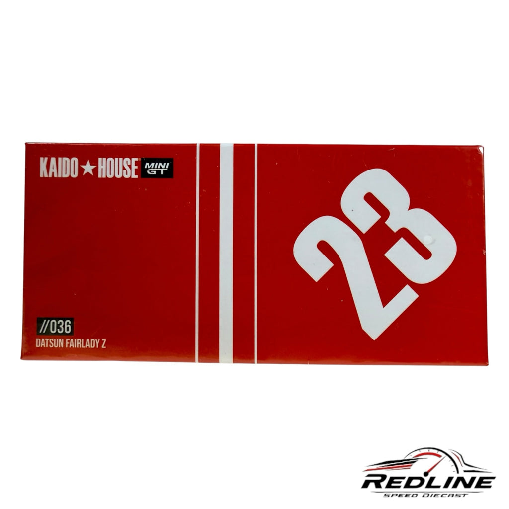 Redline Speed Diecast packaging box for Kaido House Datsun Fairlady Z model featuring number 23 and white racing stripes