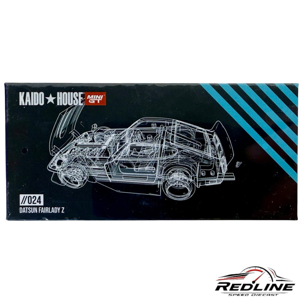 Redline Speed Diecast packaging box for Kaido House Mini GT Datsun Fairlady Z featuring a white wireframe car graphic