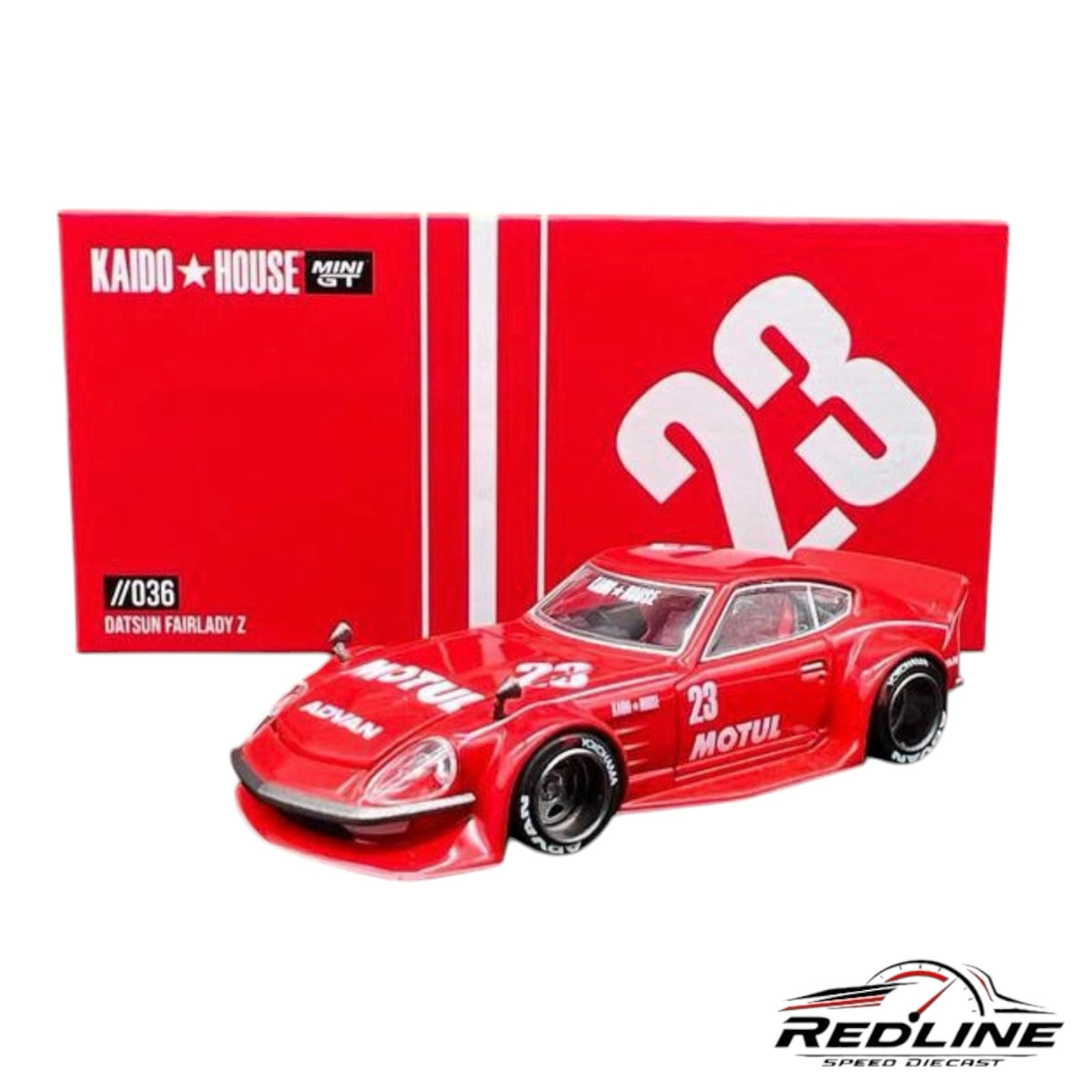 Redline Speed Diecast 1:64 scale Datsun Fairlady Z model car in red with Motul and Advan racing liveries and box.